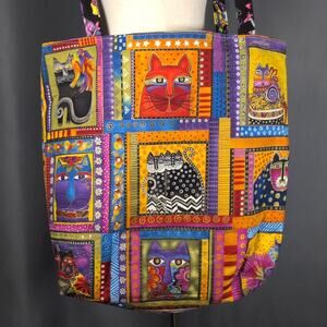 Homemade Laurel Burch Cats Fabric Reversible Multi-Color Large Tote Bag
